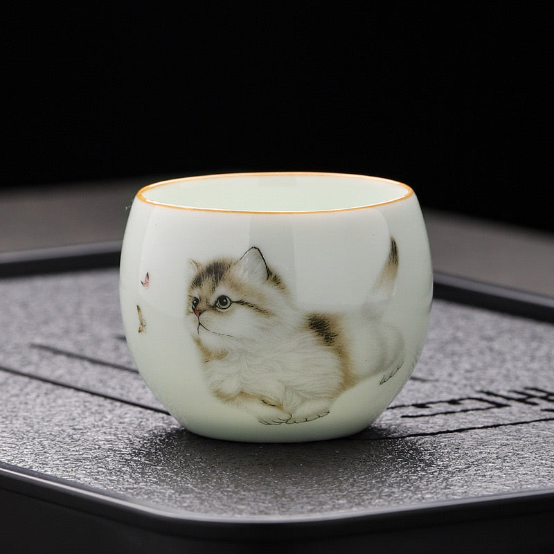 Teacup. Kitty cat white goat jade high-class white porcelain