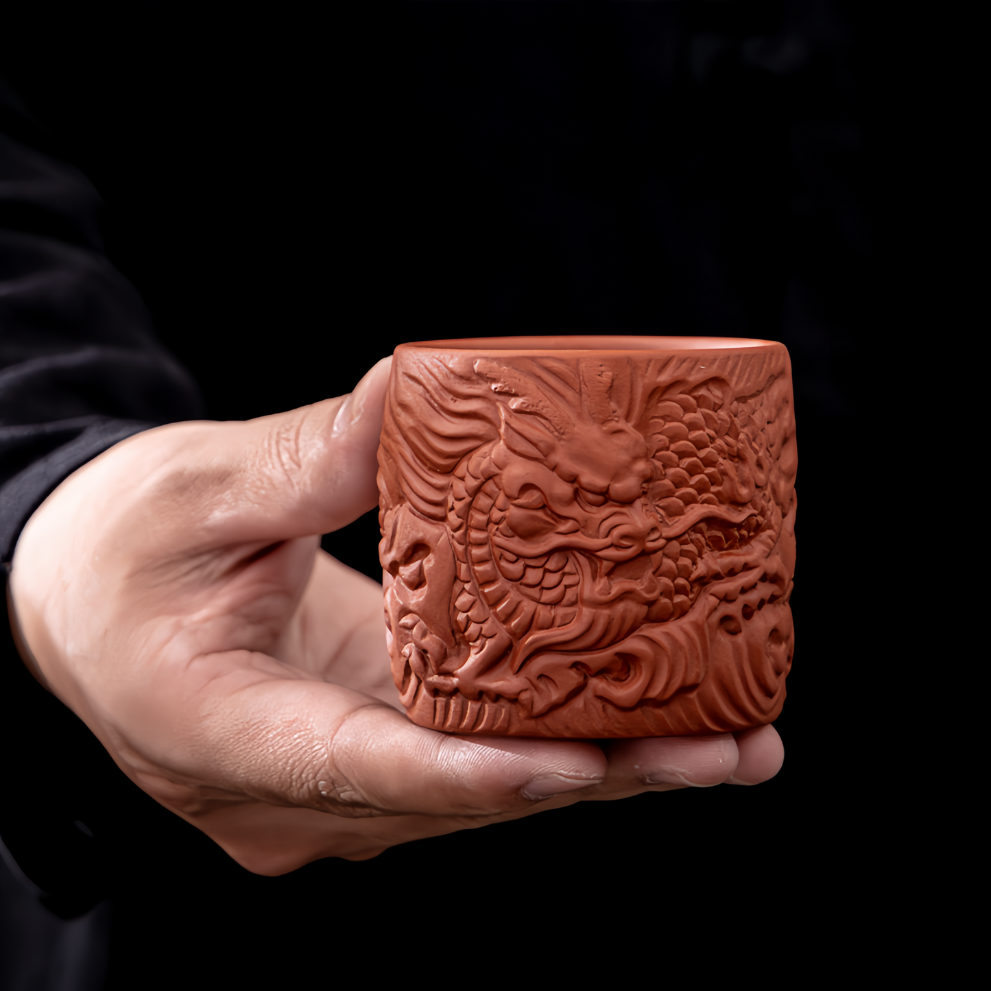M014. Hand Carving dragon and phoenix couple of teacup