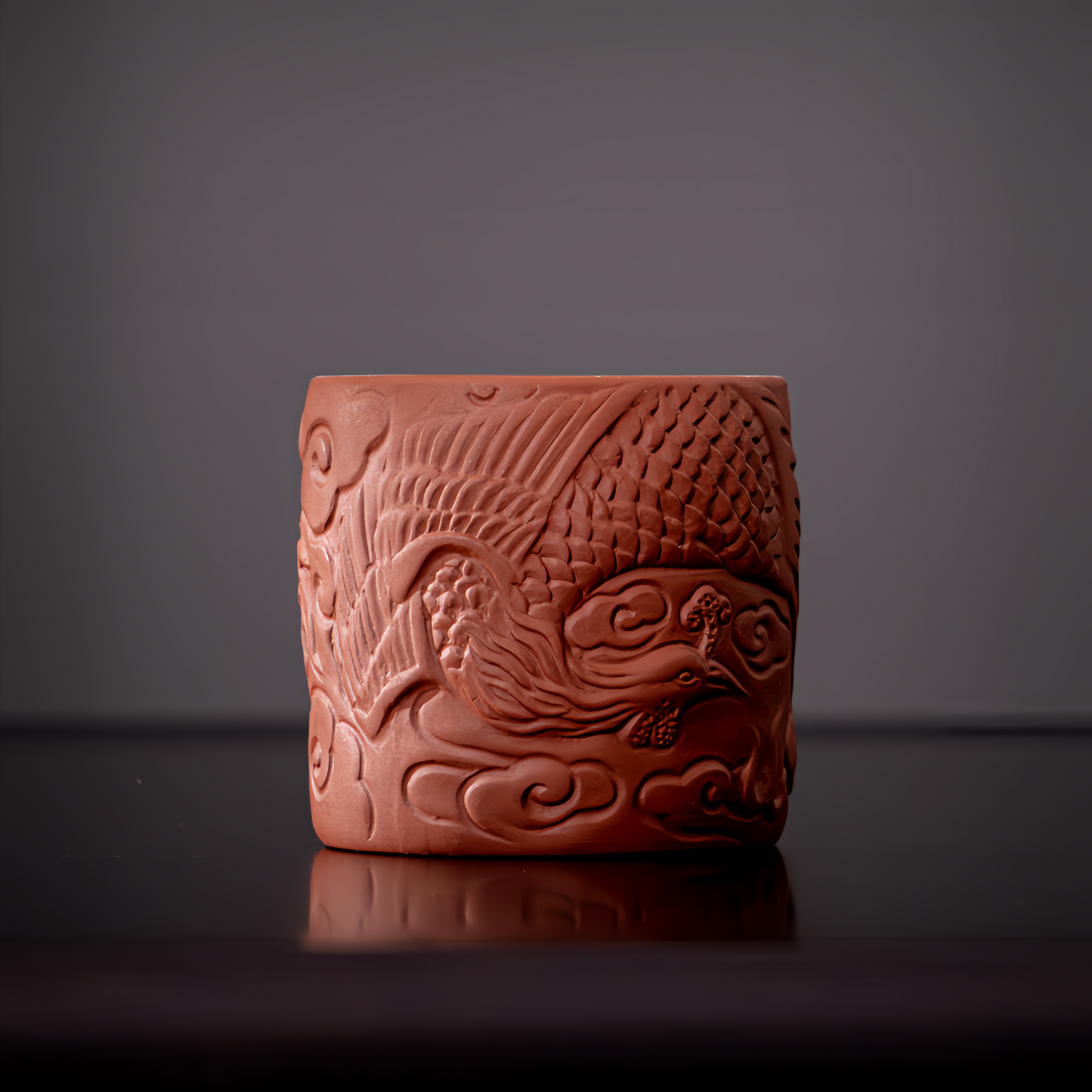 M014. Hand Carving dragon and phoenix couple of teacup