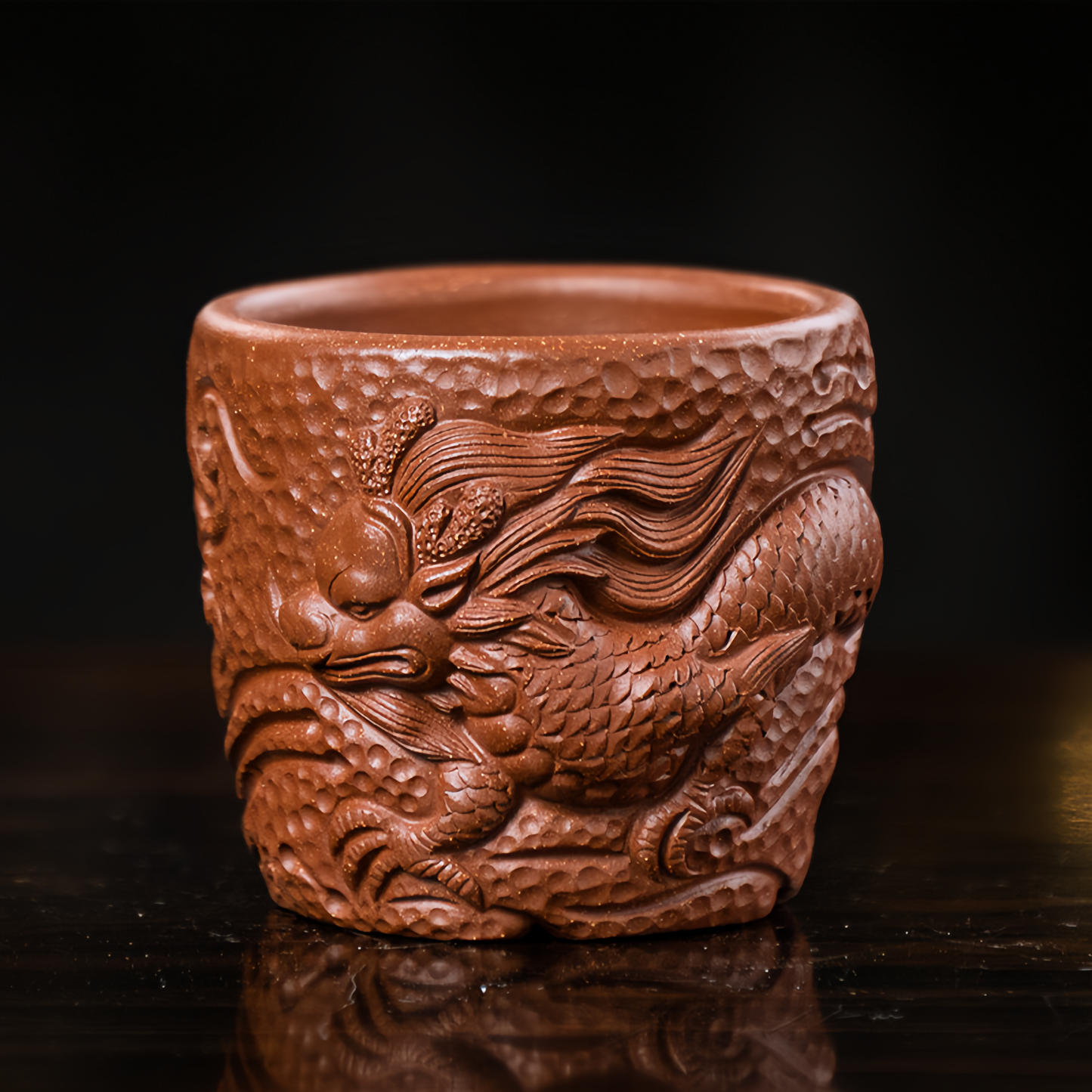 M014. Hand Carving dragon and phoenix couple of teacup
