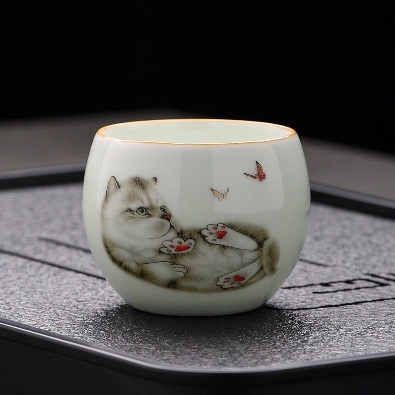 Teacup. Kitty cat white goat jade high-class white porcelain