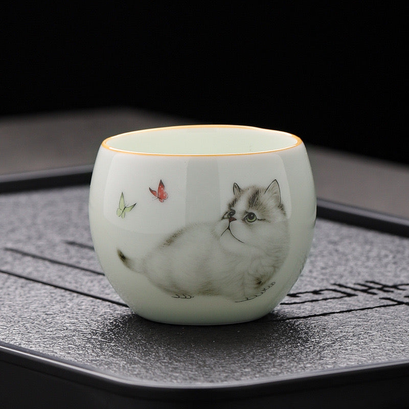 Teacup. Kitty cat white goat jade high-class white porcelain