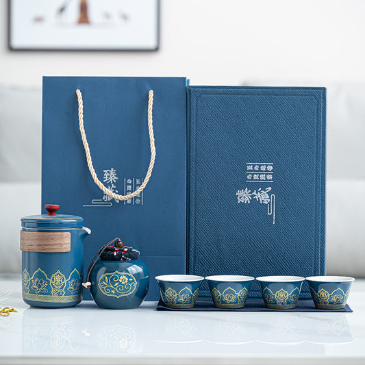 Tea set. Dark blue golden line lotus tea set