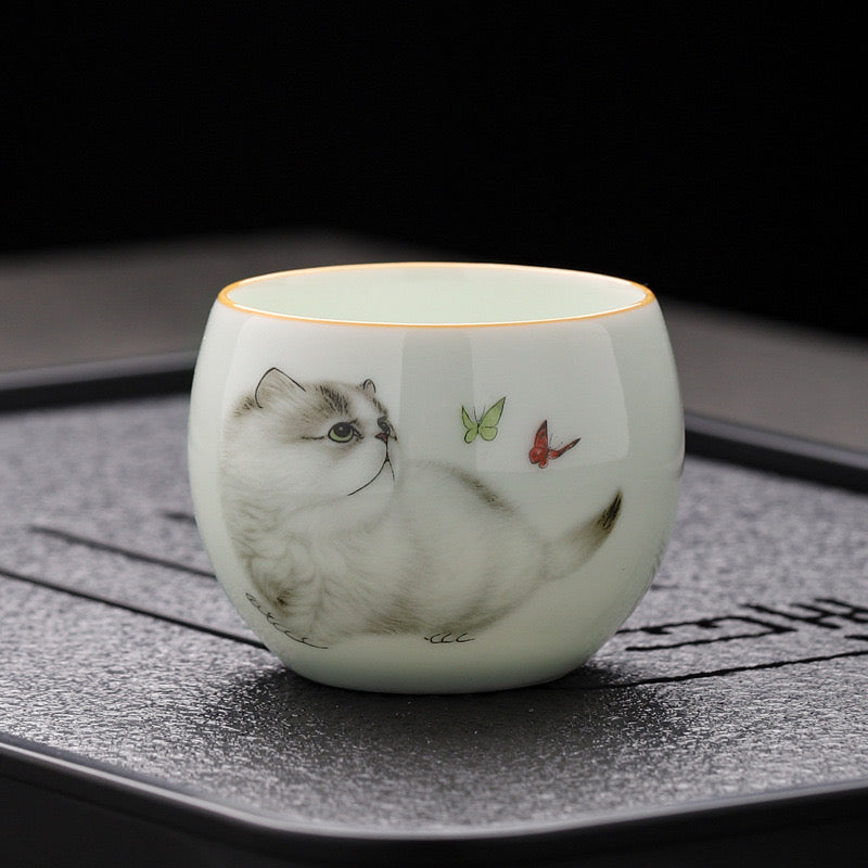 Teacup. Kitty cat white goat jade high-class white porcelain