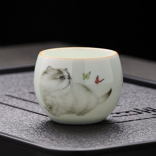 Teacup. Kitty cat white goat jade high-class white porcelain