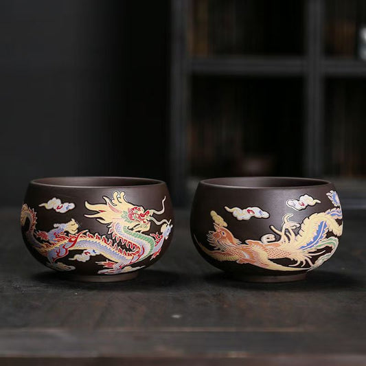 Teacup couple 002. Color changing dragon and phoenix coarse pottery